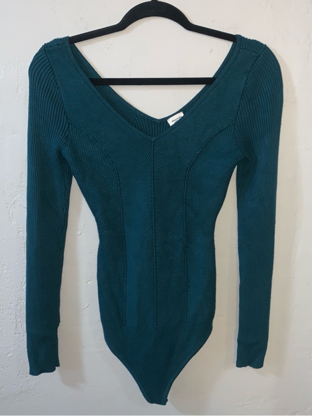 Abercrombie Bodysuit Teal Ribbed Stretch M Top Shirt Long Sleeve V Neck Medium!